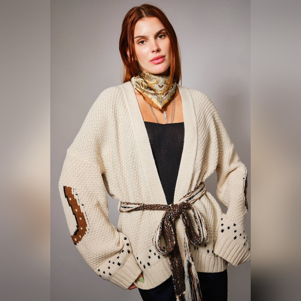 NWT Lucky And Blessed Western Embroidered Horse Belted Cardigan Sweater - Picture 3 of 11